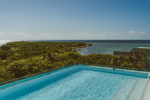 Fronds sway overhead, pool shimmering aquamarine; bougainvillea fragrance drifts through air still warm from the day.