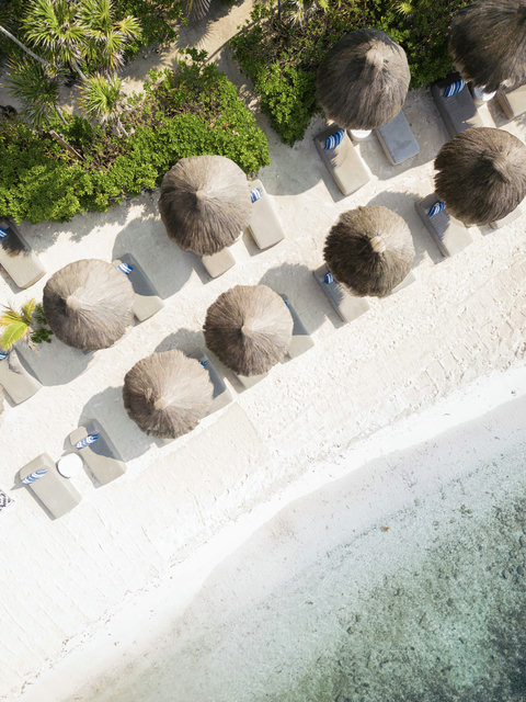 PRIVATE BEACH & BAY - From overhead each palapa paints soft circles on sand, rhythmic symmetry meeting crystalline shallows below.