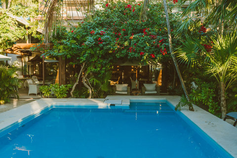 Palm shadows dance across pool steps; cool tiles soothe feet between slow sips of citrus-bright agua fresca.