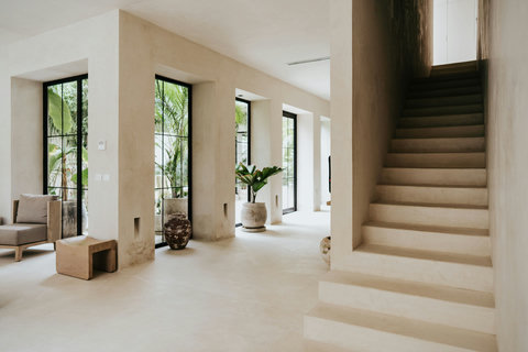 Chic hallway accented with potted plants and a modern staircase
