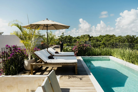 Rooftop retreat with a private pool, lush surroundings, and endless sky
