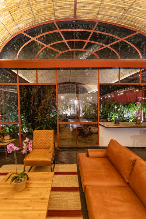 living room 1 - Step into a serene oasis where warmth and nature intertwine under a stunning vaulted ceiling. Bask in the glow of subtle lighting that highlights the lush greenery, creating a tranquil retreat. Perfect for unwinding with luxury amenities a