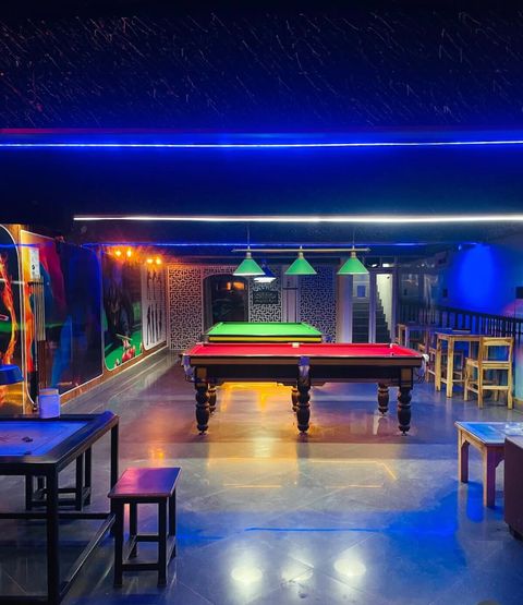 Snooker, carrom and 8 ball pool+music+food