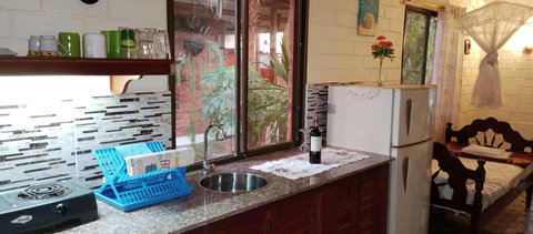 stand alone cabin kitchen with fridge