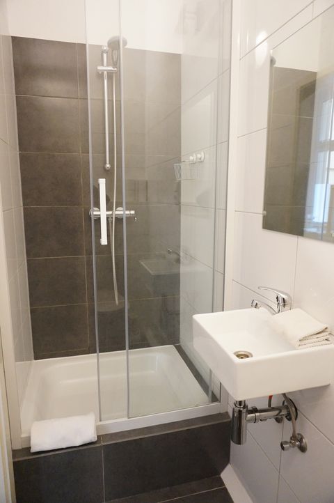 The bathroom is very small, but it has everything you need.