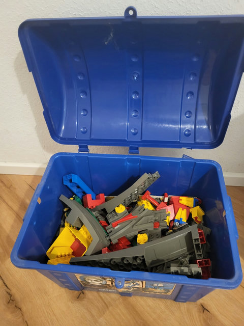 A box of DUPLO bricks for creative play