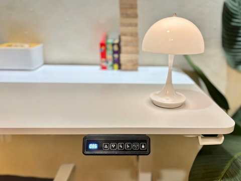 Modern desk with adjustable heights for both standing and sitting modes. An intuitive control panel allows users to seamlessly switch between positions. The surface is complemented by a stylish lamp, enhancing functionality and aesthetic appeal
