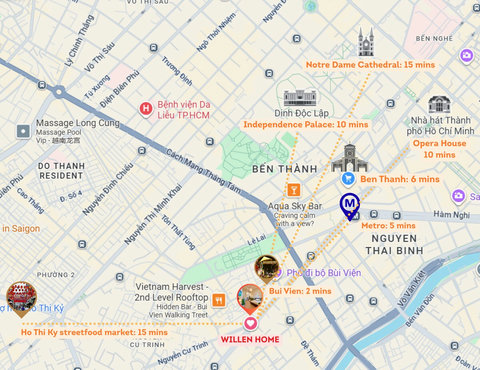 Perfectly situated in the heart of District 1. Explore nearby attractions like Bui Vien, Notre Dame Cathedral (15 mins), Independence Palace (10 mins), Ben Thanh Market (6 mins), Opera House (10 mins), Metro station (5 mins)