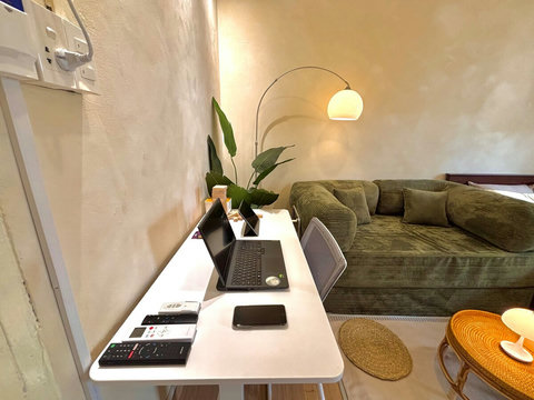 Well-organized desk featuring neatly placed remotes. Conveniently positioned plugs and switches on the wall enhance functionality, while a potted plant adds a touch of greenery, complementing the cozy ambiance of the studio