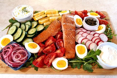 Breakfast board featuring our house-smoked salmon (serves 4). Please inquire for pricing and availability. (Bagels included but not shown.)