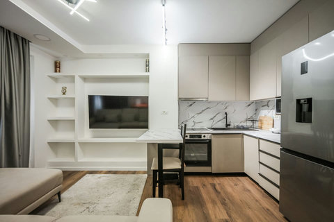 Fully-equipped kitchen and living area