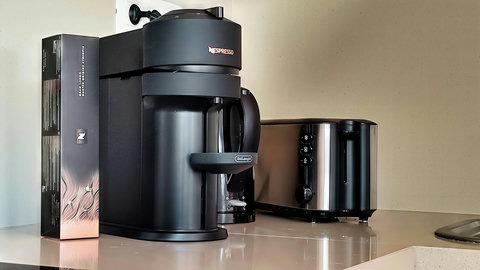 Wake up to Nespresso coffee with pods and a sleek stainless toaster.