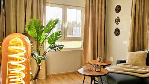 Cozy, sunlit lounge with Edison glow, lush plant, and chic nesting tables