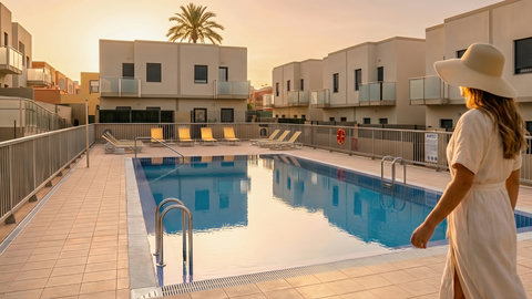 Modern complex with sunset pool, loungers, and private balconies