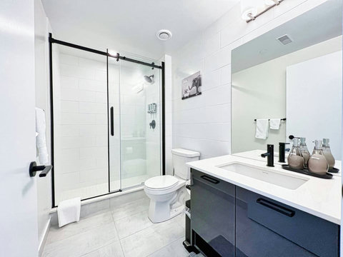 Relax and refresh in this modern bathroom.