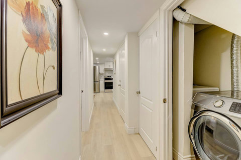 A stylish walkway connecting living spaces.