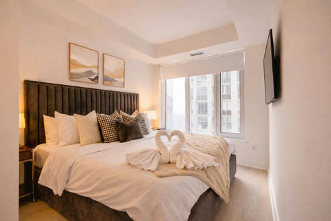 Comfortable bedroom with soft lighting
