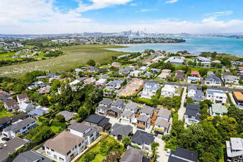 Aerial shot of Shoal Bay the mangroves too the left and Auckland City in the background.