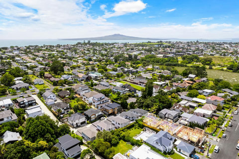 Aerial shot looking towards Rangitoto Island.
