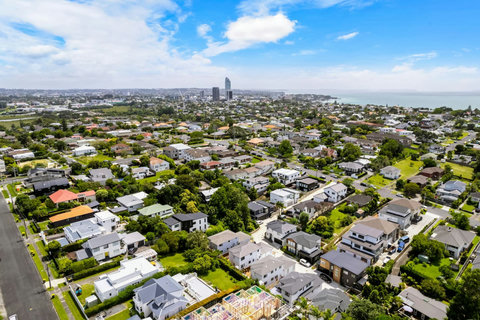 Aerial view of Hauraki looking towards Takapuna Beach with the Towers.