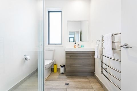 The full bathroom with shower, toilet, and heated towel rail.