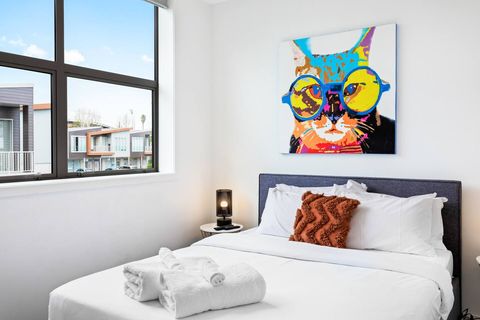 The bedroom has a nice large queen size bed.