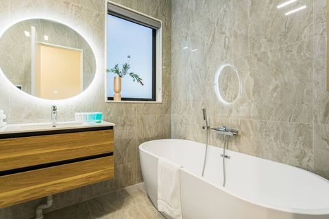 One of two full bathrooms.