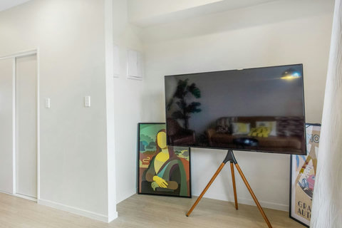 Wide screen TV with modern artwork.