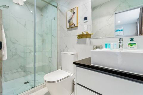 Ensuite bathroom for the main bedroom. Full bathroom with shower, sink and toilet.