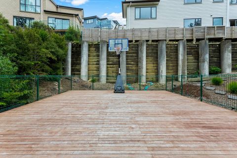 Basketball Hoop and terraced deck area.