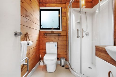 The ensuite bathroom has a glass shower, toilet and vanity unit.