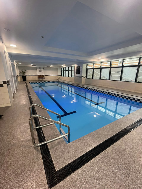 The salt-water pool is indoors and is lovely for a swim.