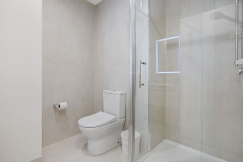 The bathroom has a glass shower, heated towel rail, vanity unit and toilet.