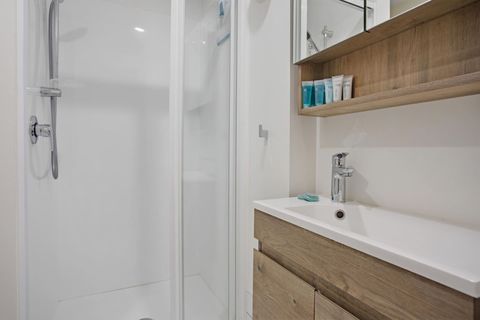 The bathroom has a shower, vanity unit and toilet.