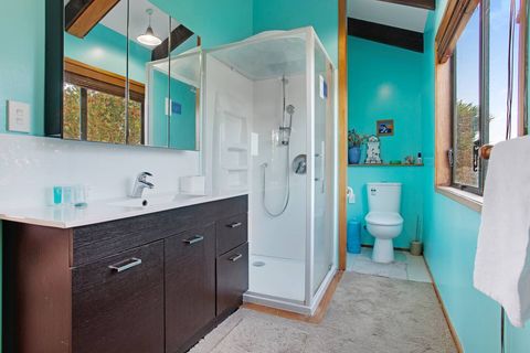 The ensuite bathroom has a toilet, shower and large vanity unit.