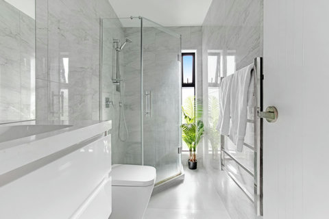 There is plenty of space on the vanity for all your personal belongings.