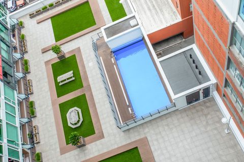 The view from the apartment overlooking the courtyard and swimming pool.