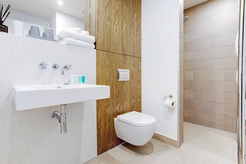 The bathroom has a basin, toilet and shower.