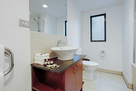 There is a handy vanity, toilet and shower in the bathroom.
