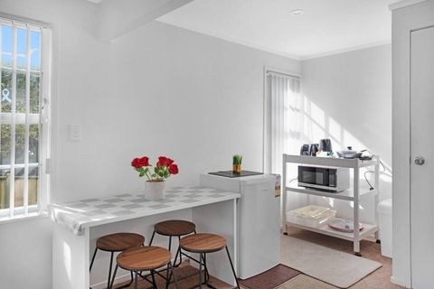 The kitchenette includes the microwave, toaster, kettle and electric frypan. There are no other cooking facilities or a sink.