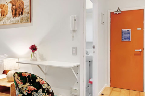 The bathroom is opposite the kitchen allowing more living space where needed.