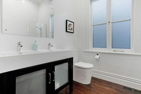 The vanity has double sinks so there is plenty of space to get ready in the morning.