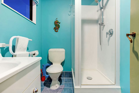 This bathroom is painted a lively blue which highlights the clean white bathroom facilities.