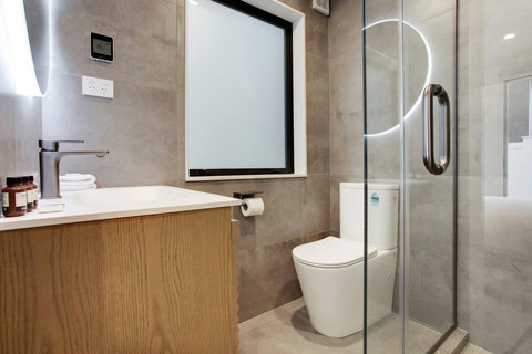 The ensuite has a toilet, shower, vanity and back-lighted mirror.