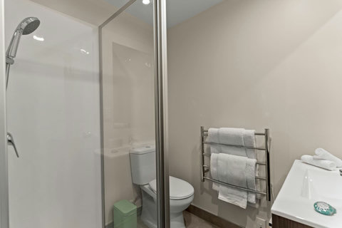 The ensuite bathroom has a toilet, vanity unit and shower.