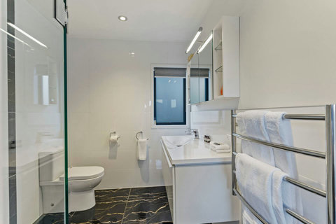 The ensuite bathroom has a toilet, vanity unit and shower.