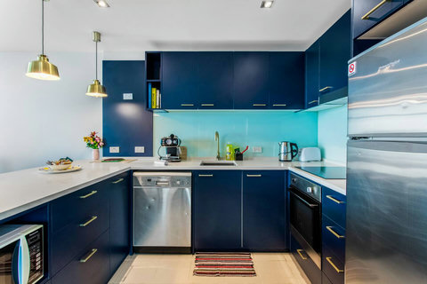 The kitchen is fully equipped with stove top, oven, fridge and freezer, dishwasher, microwave and coffee machine.