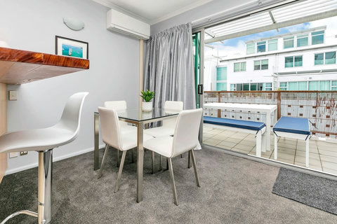 Dining room area and view of the balcony.