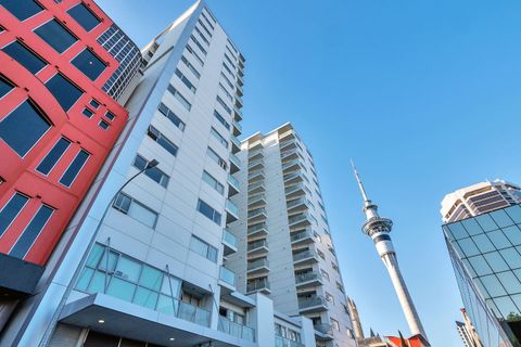 View of the building with the Sky Tower in the background.