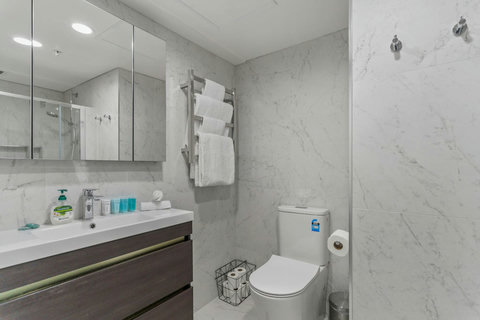 There is plenty of storage in the vanity unit for all your personal belongings.